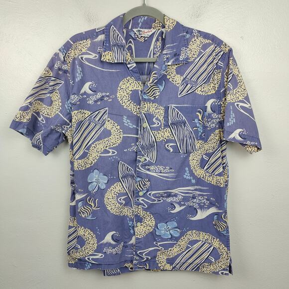 Vintage Y2K 90s Structure Hawaiian Shirt Mens Small Blue Surf Print‎ Button Down - Picture 1 of 5